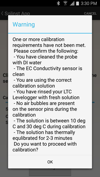 los resultados de la calibración de la conductividad del borde levelogger 5 solinst ltc fallaron en android