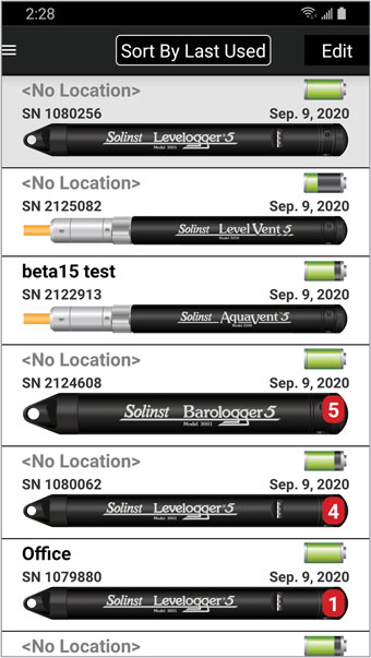 aplicación solinst levelogger 5 que conecta un registrador de datos desde la pantalla de registradores de datos para android