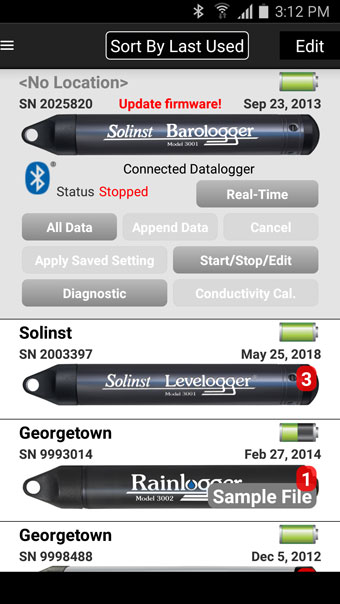 registro de datos de la aplicación solinst levelogger 5 con mensaje de firmware obsoleto para android