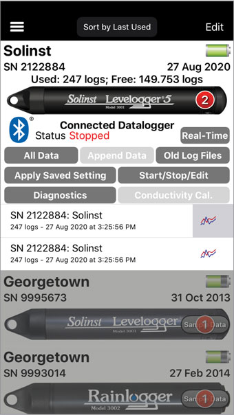 pantalla de los registradores de datos de la aplicación levelmanger de solinst con el registrador de datos conectado para android