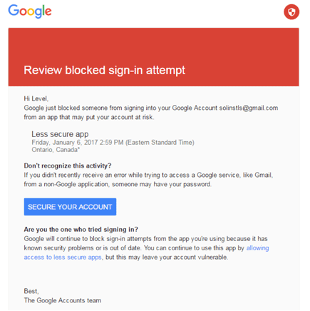 figura 8-3 ejemplo de correo electrónico de advertencia con una cuenta gmail