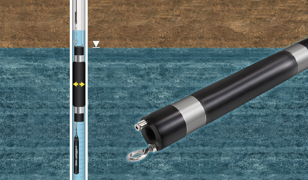 solinst 800m mini packer pneumatique basse pression dans un puits agrandi avec levelogger 5 installé sous le packer dans la zone isolée de surveillance des eaux souterraines