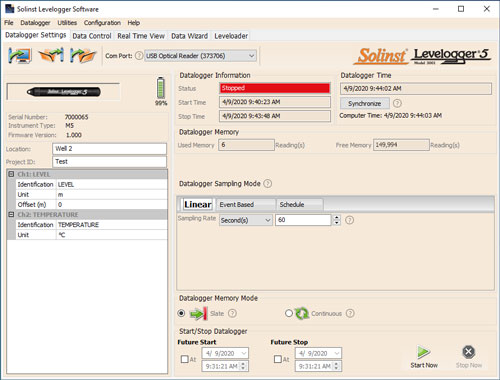 fenêtre du logiciel de configuration des paramètres d'une sonde levelogger 5