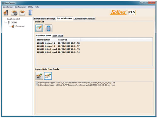 solinst levelsender 5 software onglet collecte de données pour l'affichage des courriels et des données