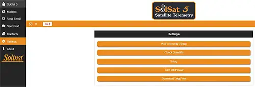 menu des paramètres de l'application wifi du système de télémétrie par satellite solinst solsat 5