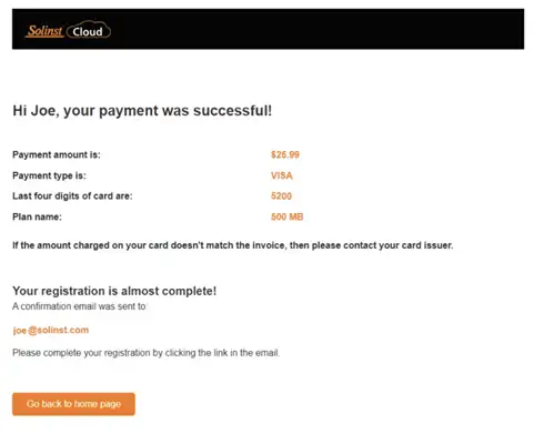 page de confirmation de paiement solinst cloud