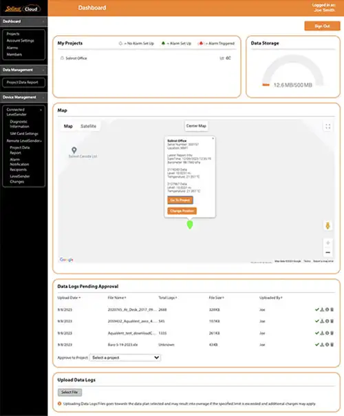 tableau de bord de solinst cloud