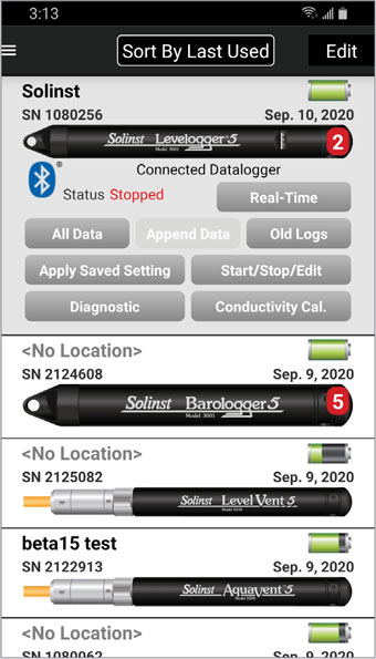dataloggers screen with connected datalogger android