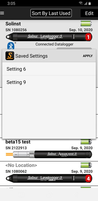 solinst levelogger app apply a saved setting for android