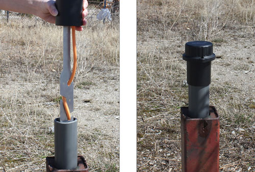 lowering 301 water level temperature sensor and well cap with hanger bracket and communication cable into well