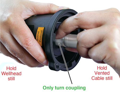 Hand Tighten the AquaVent Cable Coupling solinst aquavent aquavent user guide vented cable connections aquavent cable connections solinst aquavent cable connections aquavent cable connectors solinst aquavent cable connectors connecting vented cable to wellhead connecting solinst aquavent cable to wellhead connecting solinst aquavent cable to wellcap image