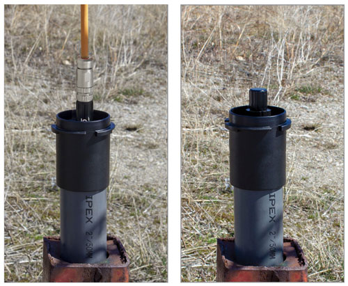 lower the levelvent logger and vented cable through the opening and down the well until the wellhead seats in the insert