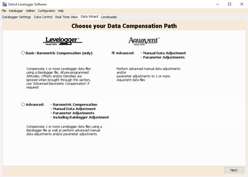 Solinst Levelogger Software Data Wizard Window solinst aquavent aquavent user guide aquavent data compensation vented datalogger data compensation compensating vented dataloggers compensating vented water level dataloggers solinst aquavent data compensation vented datalogger compensation vented datalogger data adjustments vented datalogger parameter adjustments image