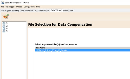 Selecting File for Compensating Solinst AquaVent solinst aquavent aquavent user guide aquavent data compensation vented datalogger data compensation compensating vented dataloggers compensating vented water level dataloggers solinst aquavent data compensation vented datalogger compensation vented datalogger data adjustments vented datalogger parameter adjustments image