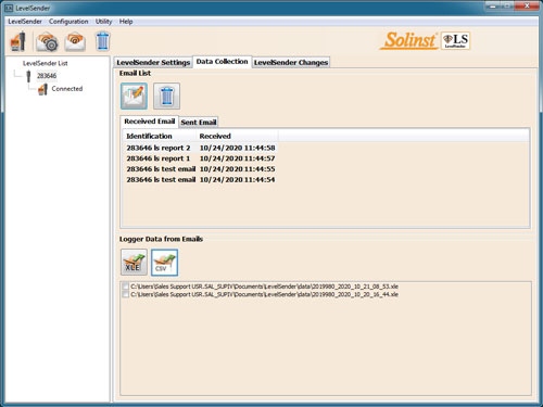 solinst levelsender software data collection tab viewing emails and data