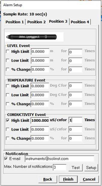 solinst sts telemetry system alarm setup screen