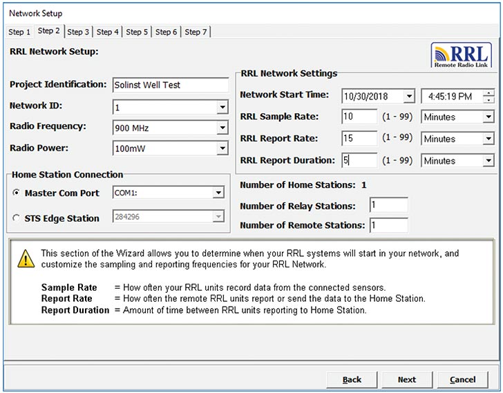 solinst rrl user guide 4 2 programming rrl networks step 2 network configuration rrl network configuration rrl project identification remote radio link project identification rrl network id remote radio link network id rrl radio frequency remote radio link frequency rrl radio power remote radio link radio power rrl master com port remote radio link master com port rrl relay stations remote radio link relay stations image