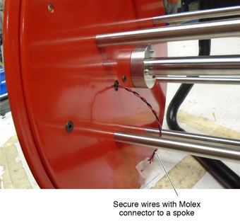 secure wires with molex connectors to spoke of solinst 101 water level meter power reel