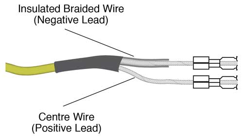 illustration showing insulated wire positive lead and braided wire negative lead for solinst 102m mini water level meter cable connection