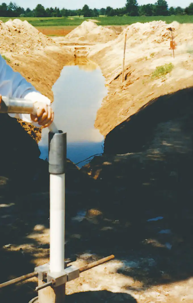 underground oil pipeline leak assessment three 150 ft 45 m installations two point rising head permeability tests were conducted in each interval of the waterloo multilevel system see diagram showing contaminant distribution above