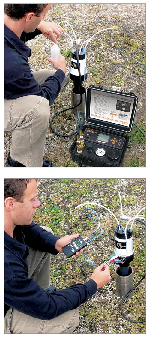 taking groundwater samples and pressure transducer readings from a solinst 401 waterloo multilevel multi purge manifold at ground surface