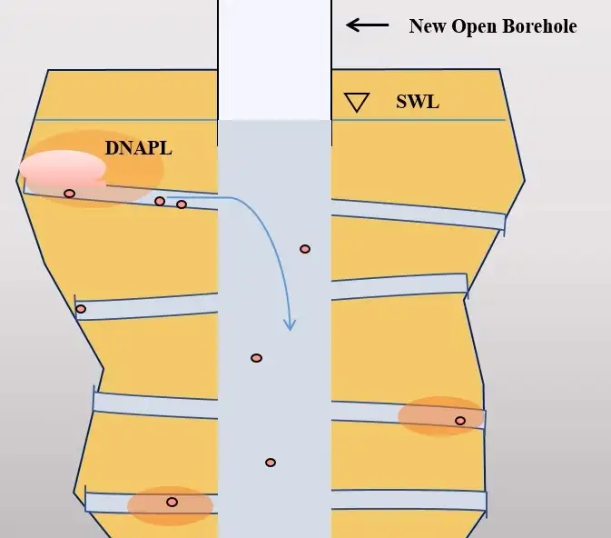 figure 3 le dnapl s'est propagé à d'autres fractures du fait que le nouveau trou de forage a servi de voie d'écoulement entre des fractures autrement non connectées